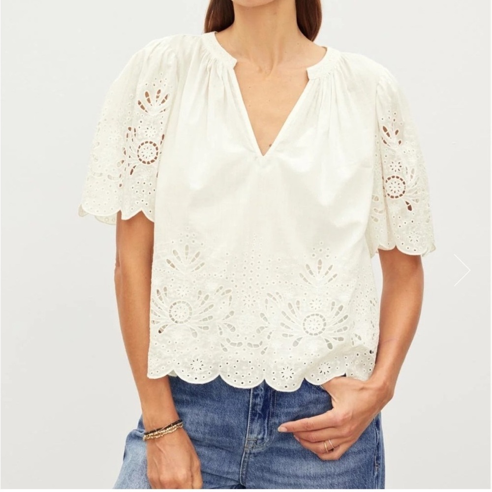 Velvet Razi Embroidered Cotton Eyelet Top Boho Cottagecore Blouse Women’s Sz M
